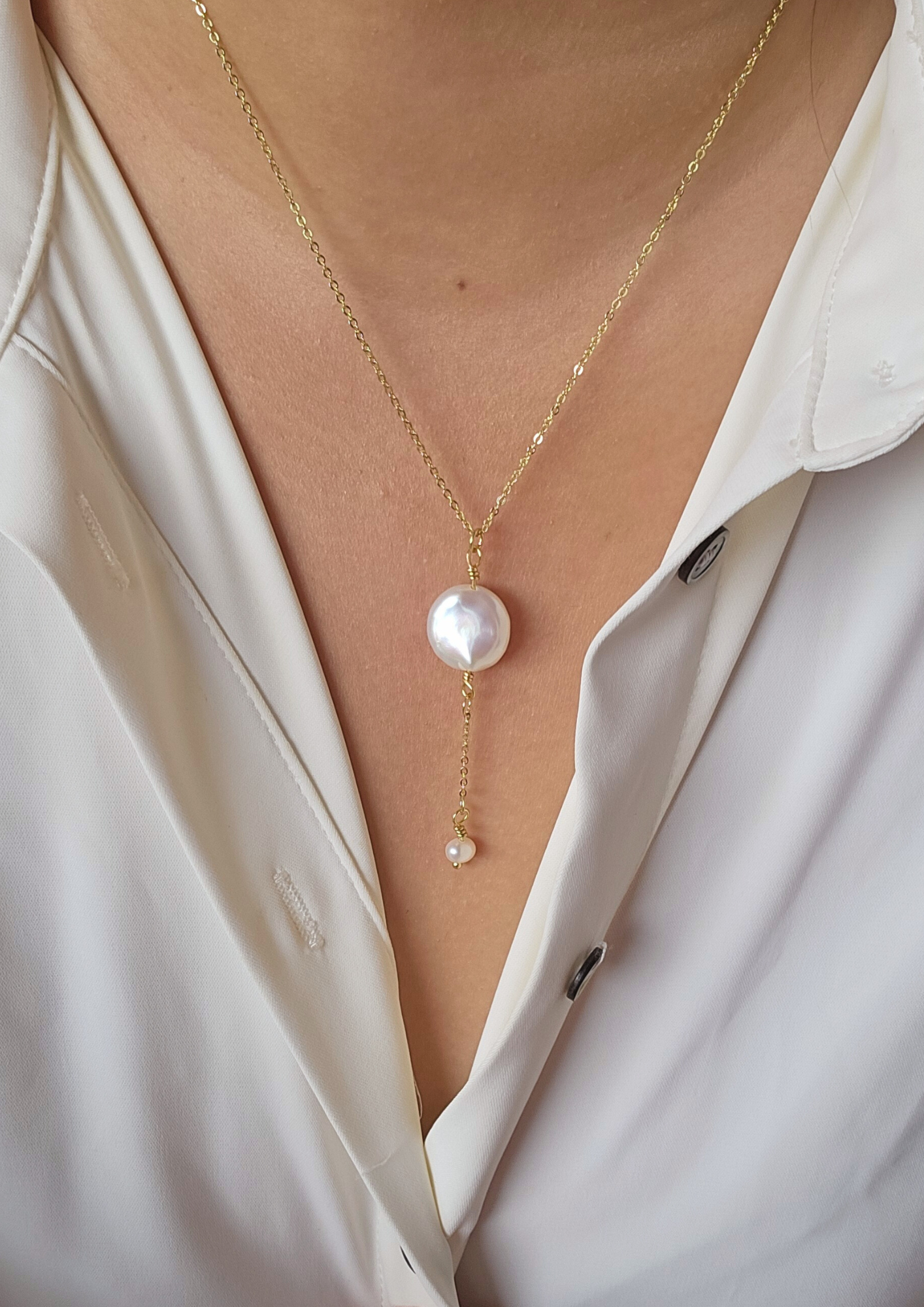 Coin Pearl Lariat Necklace